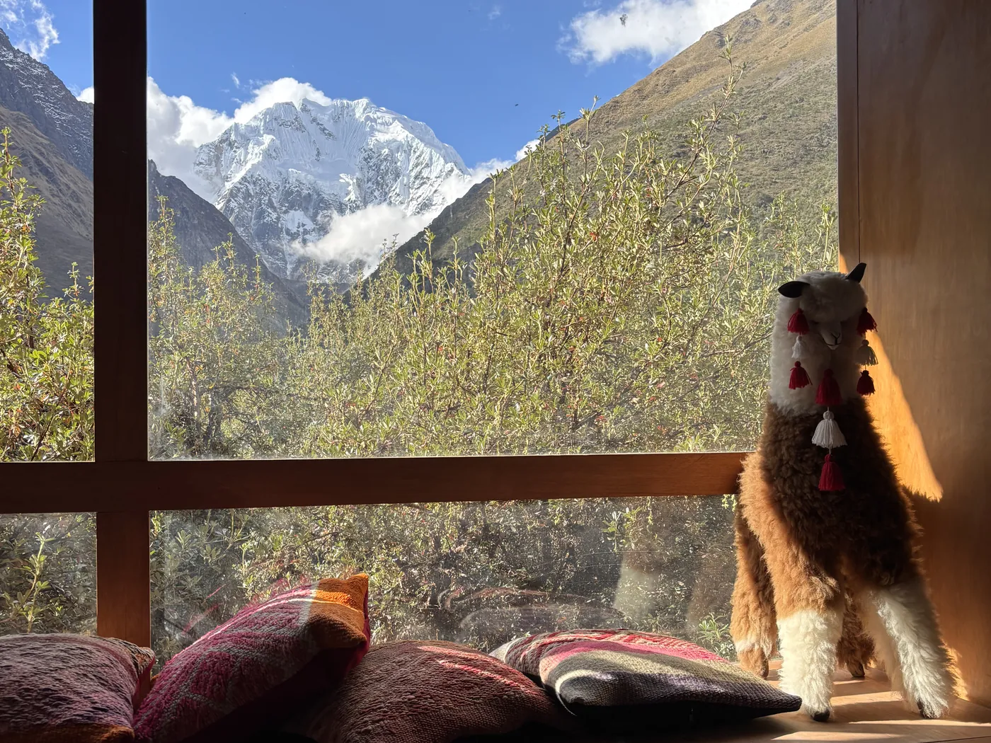 Relaxation areas and gardens at Salkantay Lodge overlooking the Vilcabamba range